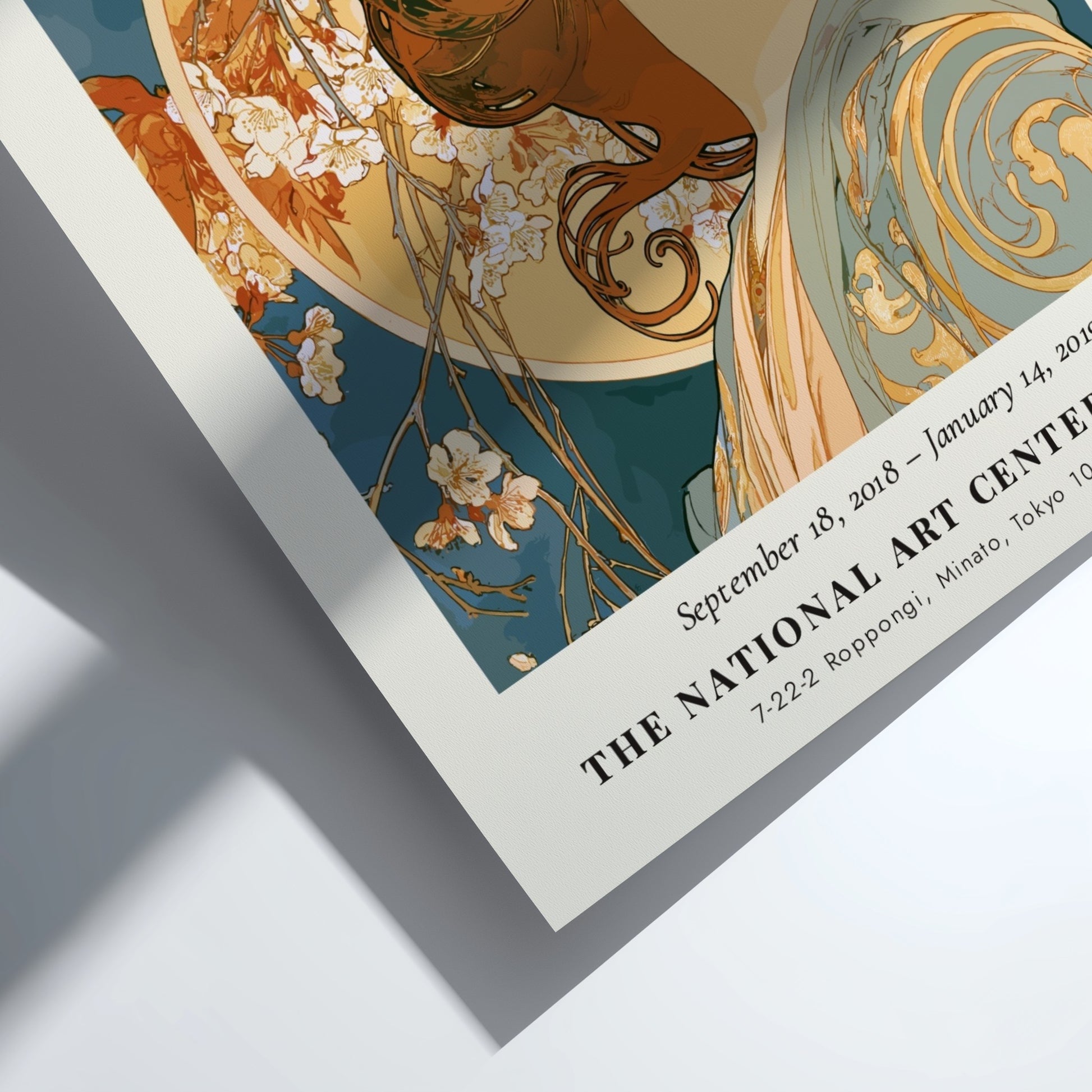 Alphonse Mucha poster showcasing Art Nouveau style with floral elements and elegant colors