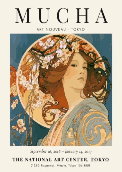 Alphonse Mucha poster showcasing Art Nouveau style with floral elements and elegant colors