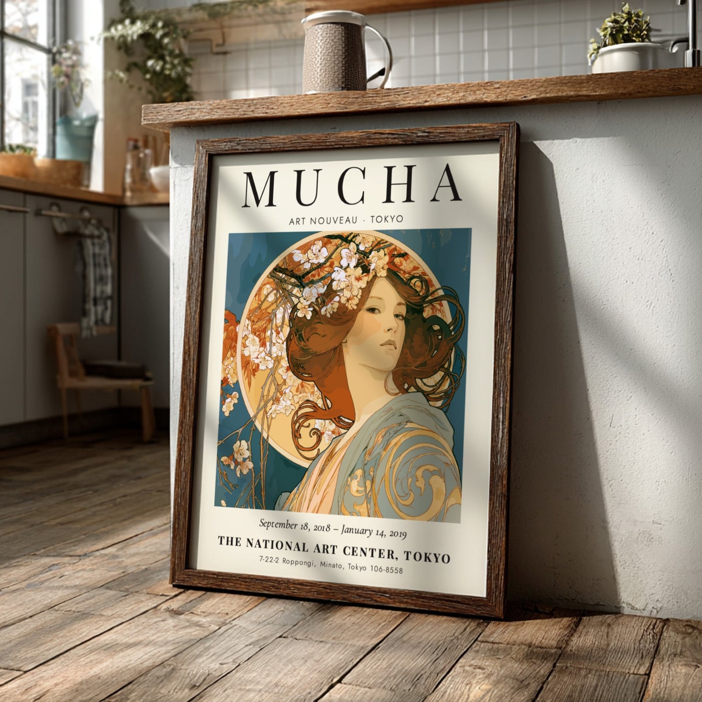 Alphonse Mucha poster showcasing Art Nouveau style with floral elements and elegant colors