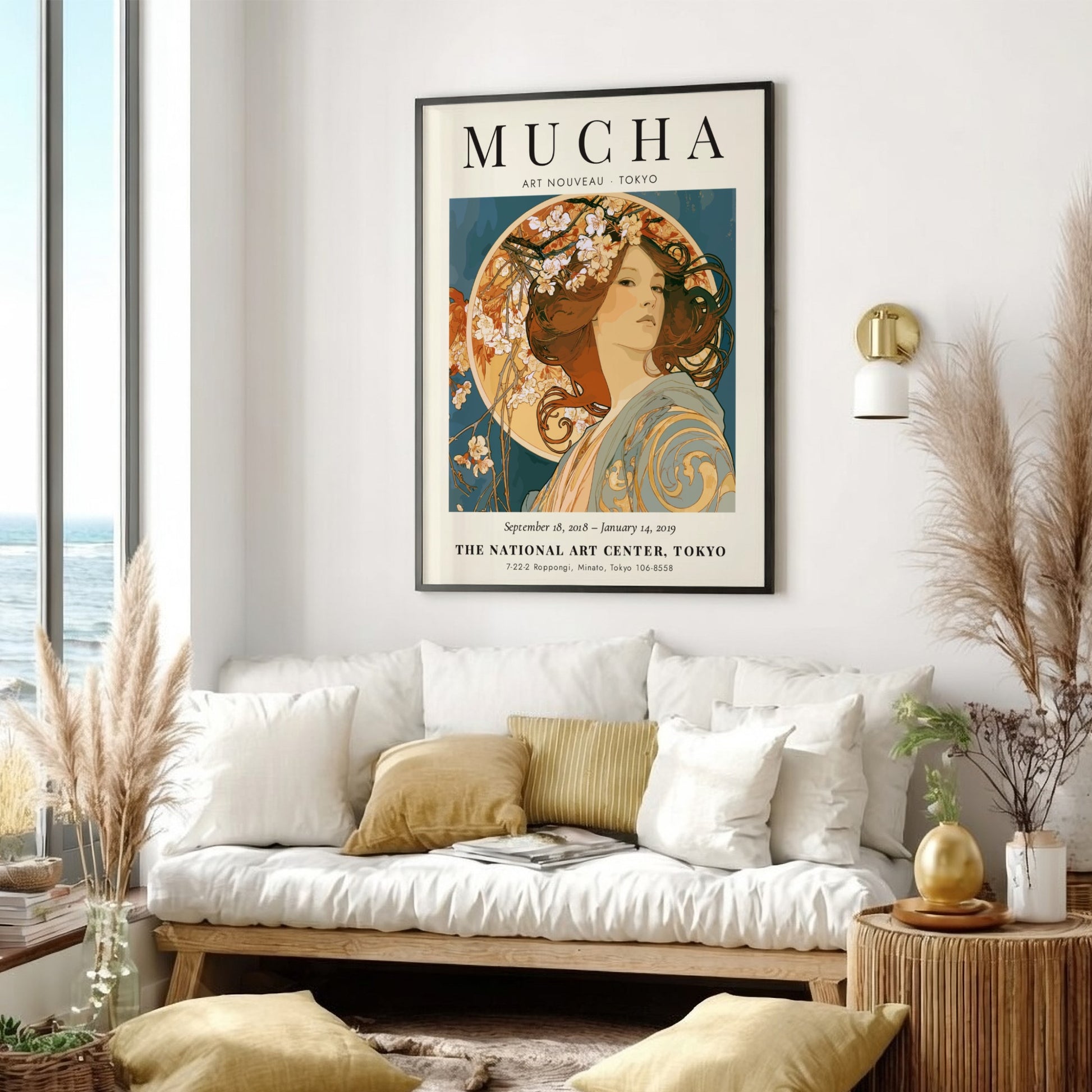Alphonse Mucha poster showcasing Art Nouveau style with floral elements and elegant colors