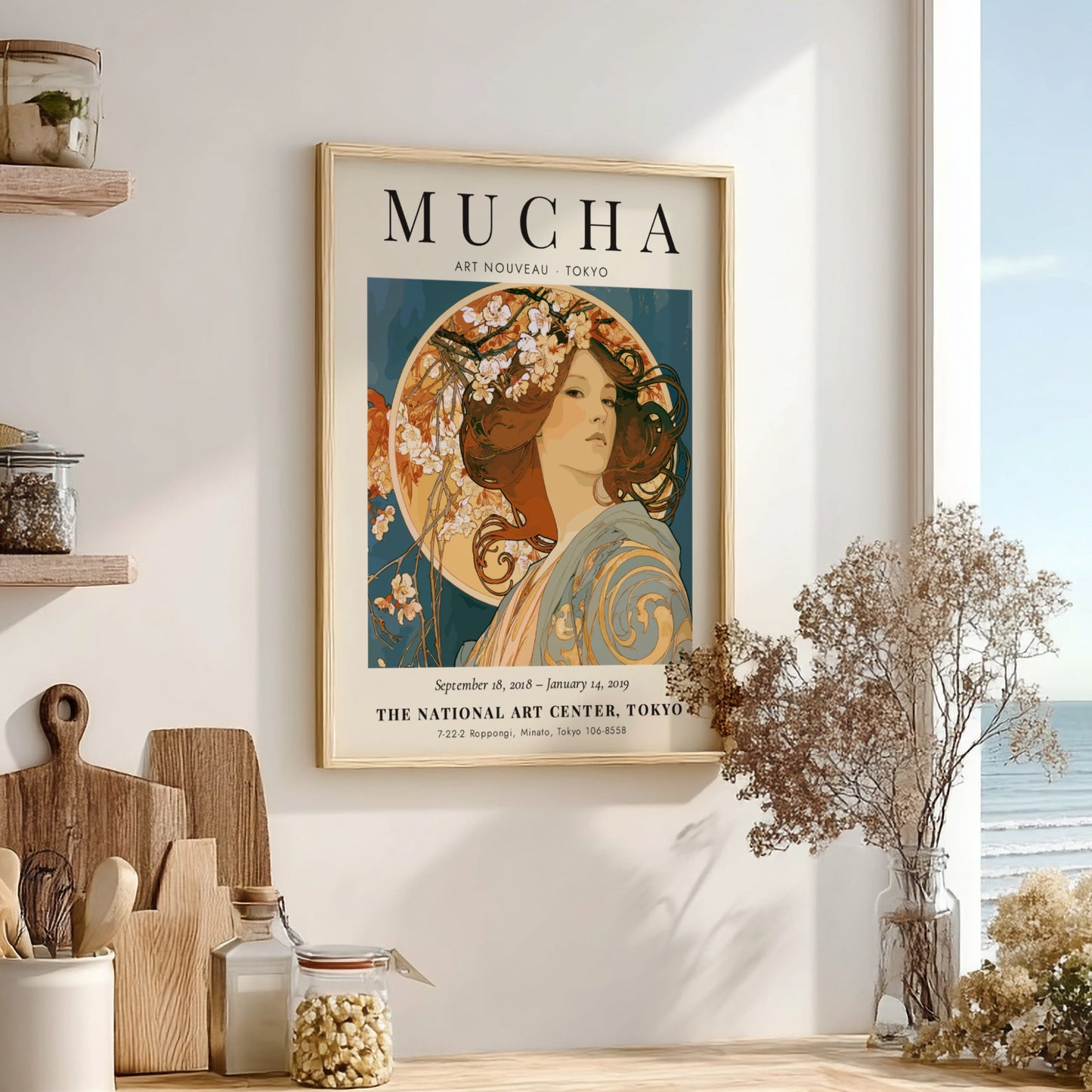 Alphonse Mucha poster showcasing Art Nouveau style with floral elements and elegant colors