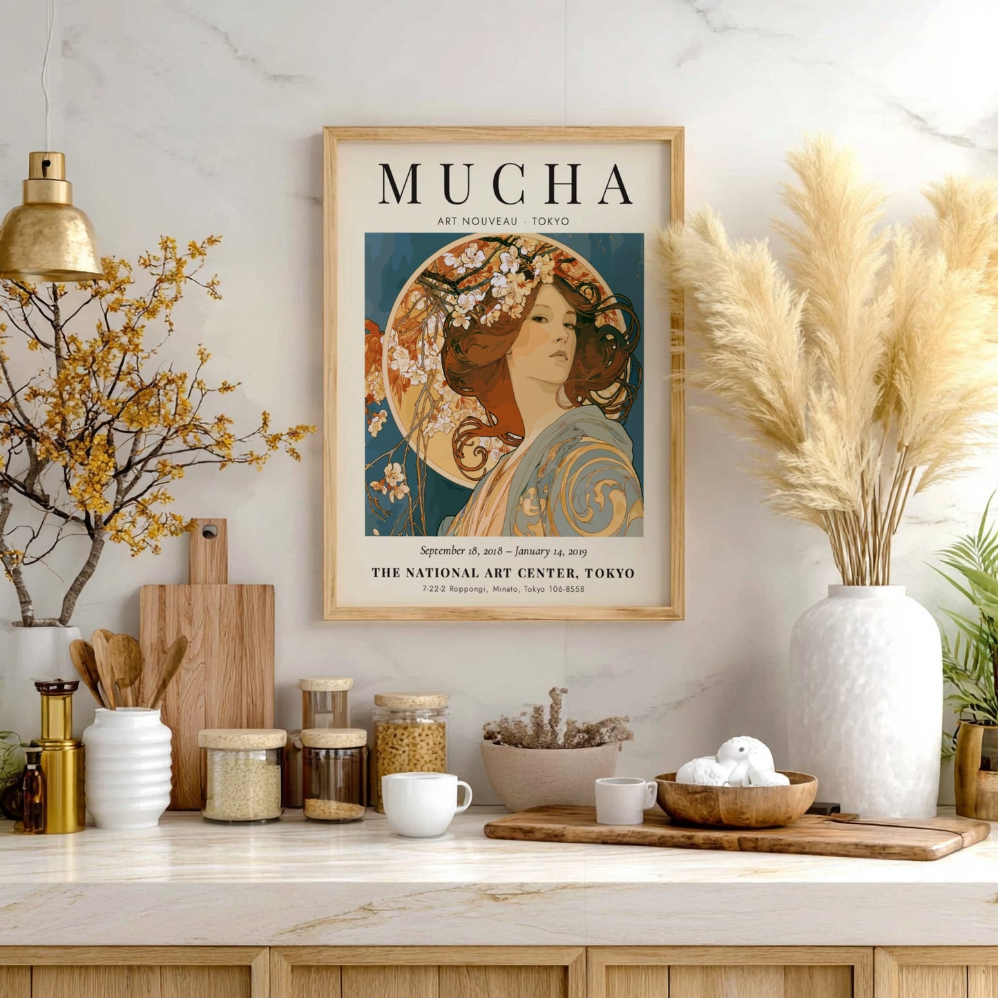 Alphonse Mucha poster showcasing Art Nouveau style with floral elements and elegant colors