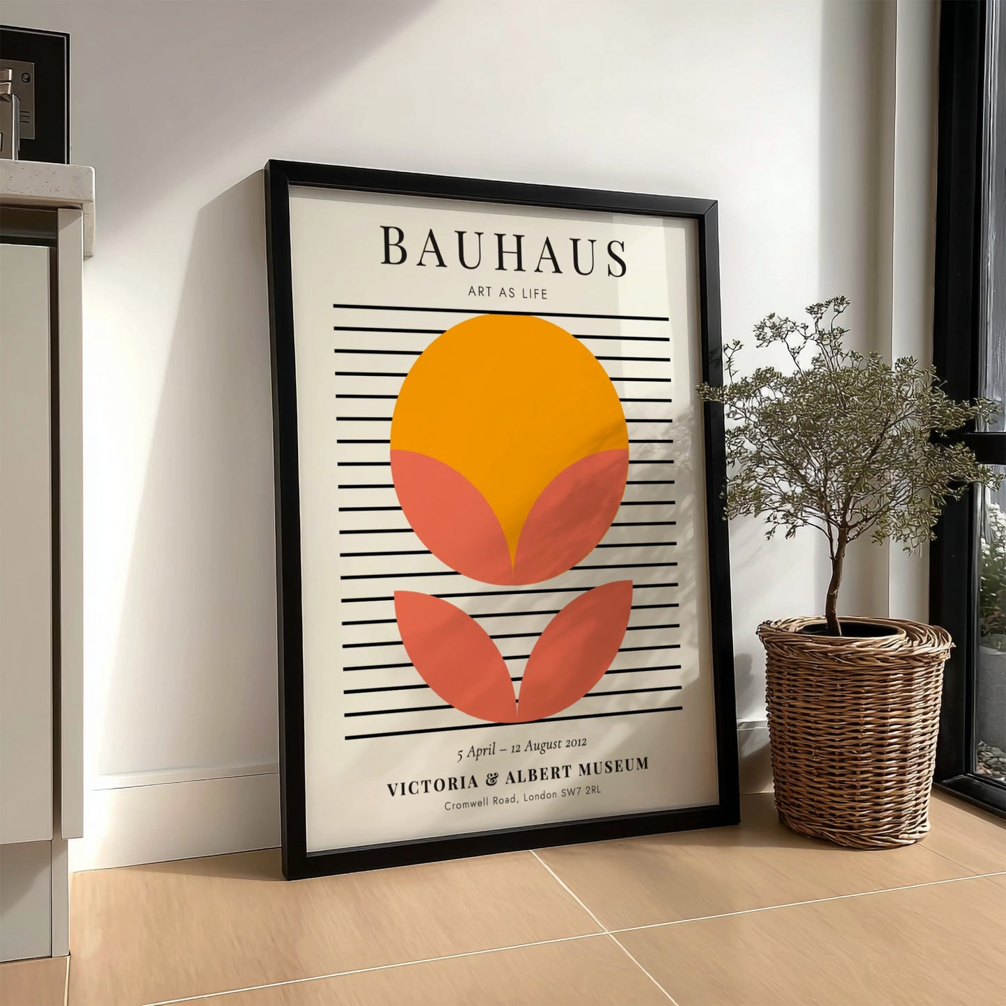 Bauhaus poster featuring geometric shapes in orange and pink, modern wall decor