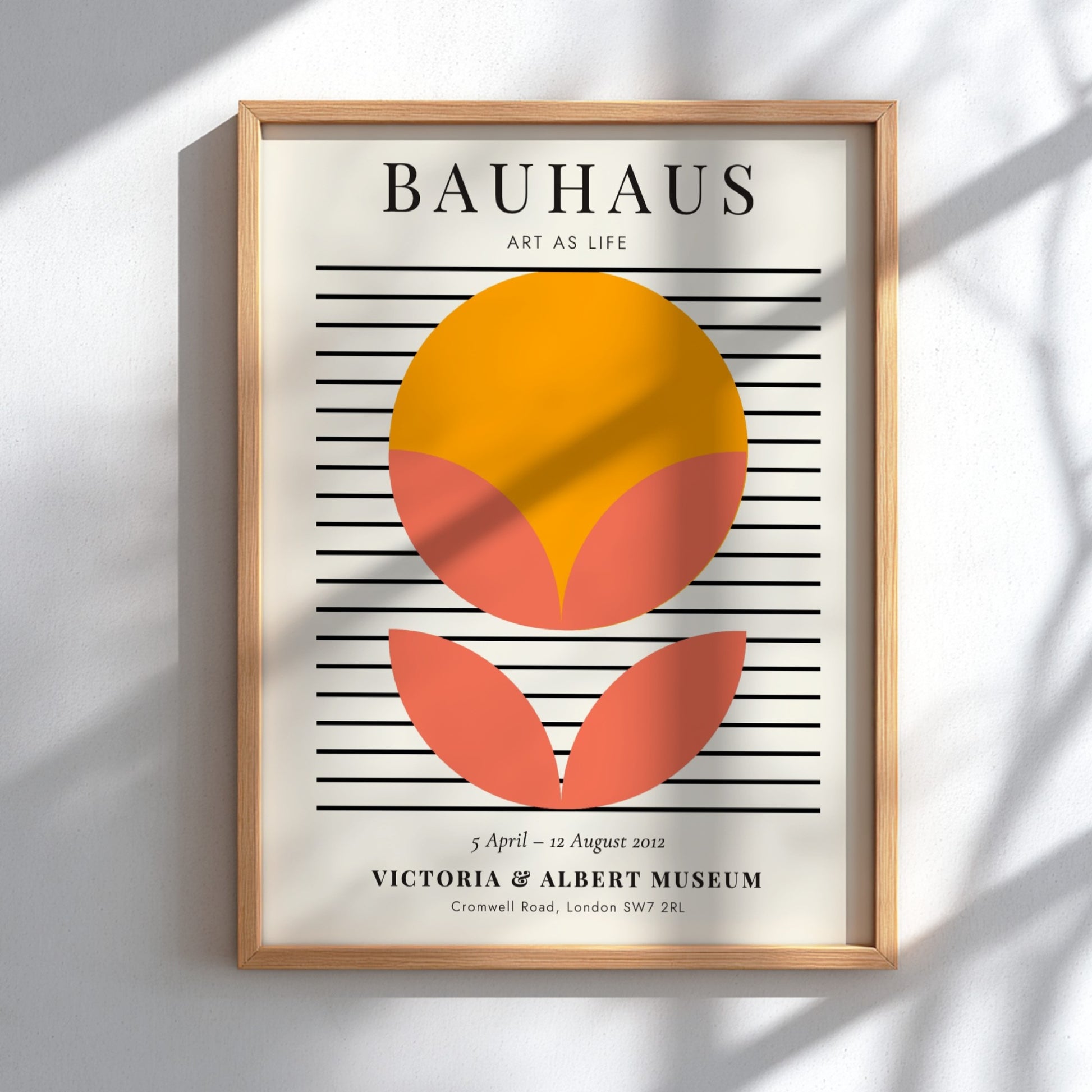 Bauhaus poster featuring geometric shapes in orange and pink, modern wall decor