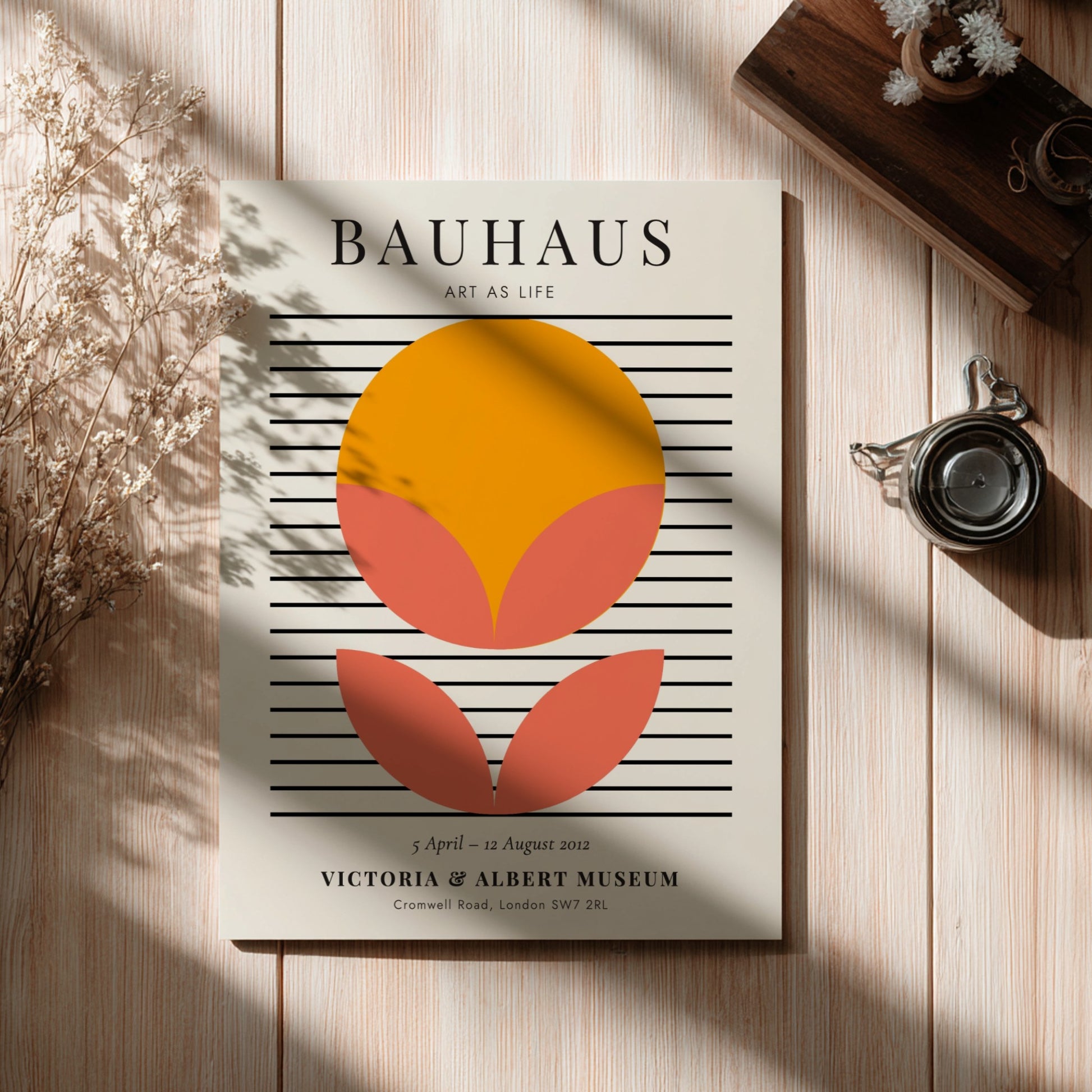Bauhaus poster featuring geometric shapes in orange and pink, modern wall decor
