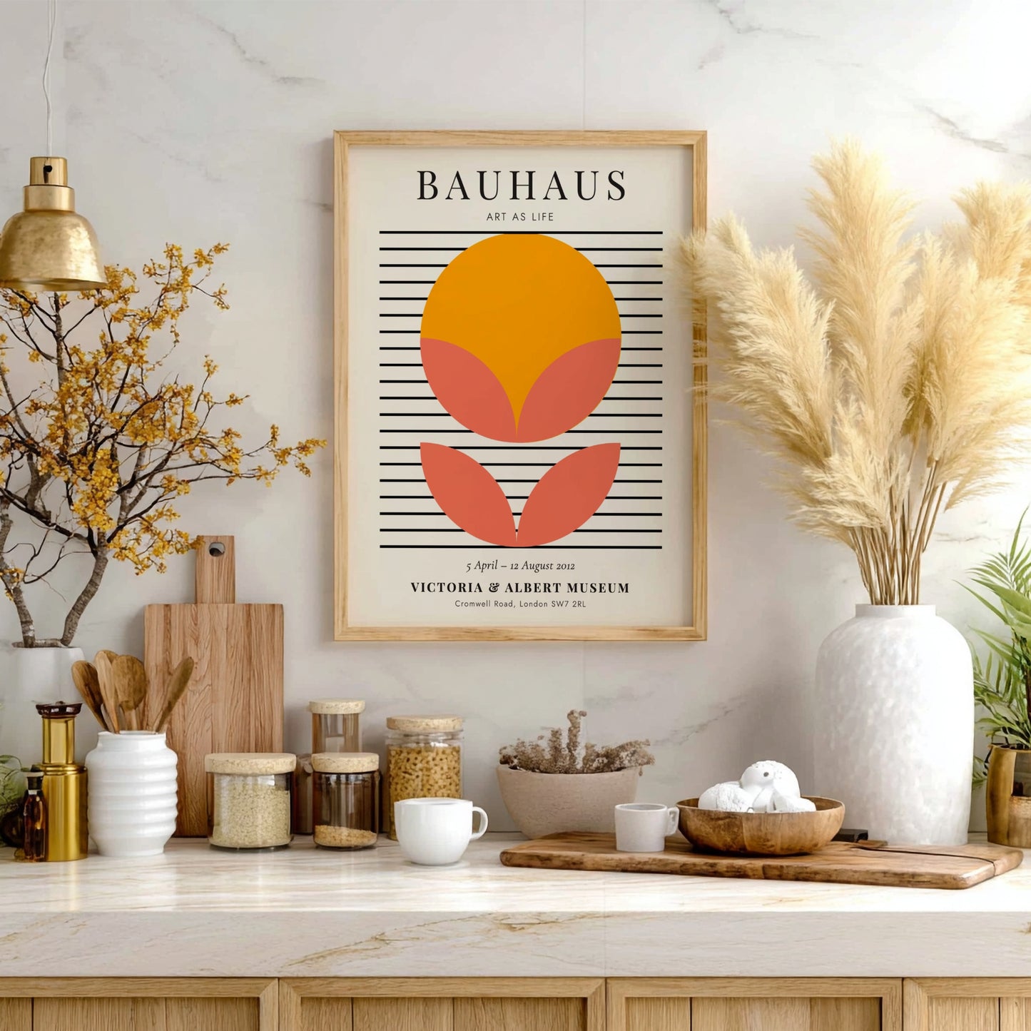Bauhaus poster featuring geometric shapes in orange and pink, modern wall decor