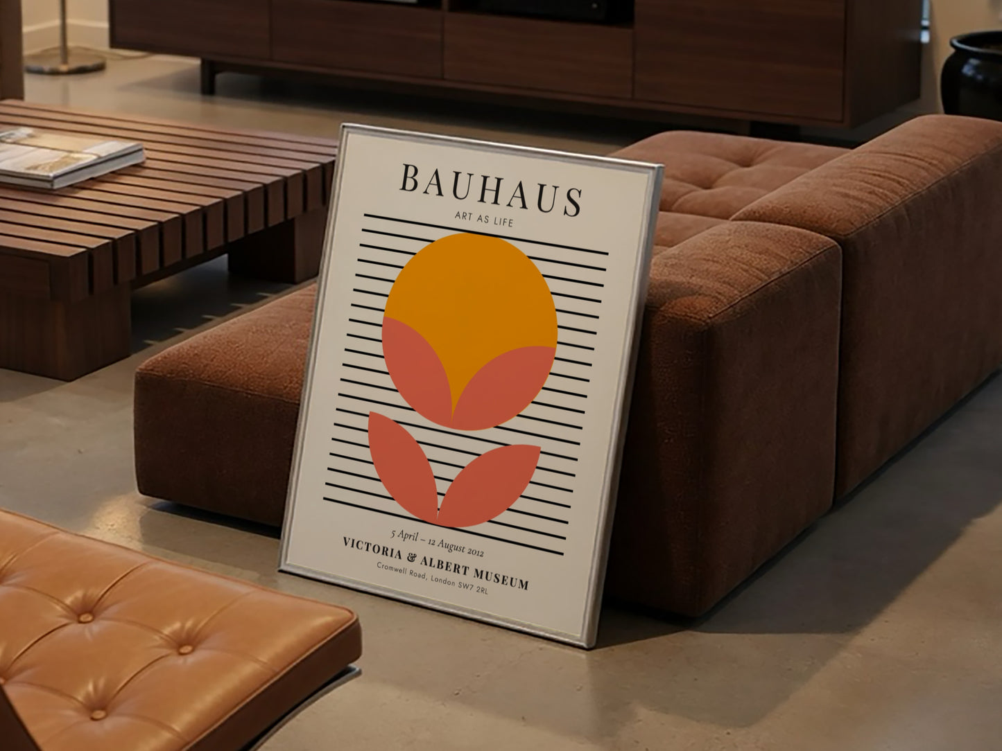 Bauhaus poster featuring geometric shapes in orange and pink, modern wall decor