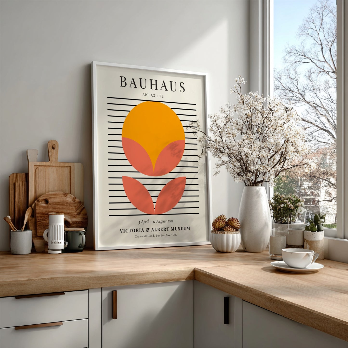 Bauhaus poster featuring geometric shapes in orange and pink, modern wall decor
