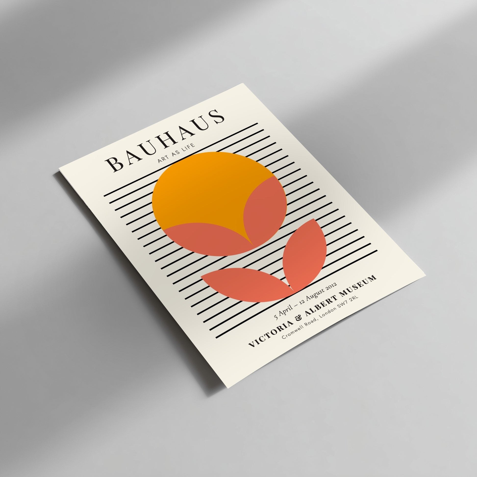 Bauhaus poster featuring geometric shapes in orange and pink, modern wall decor