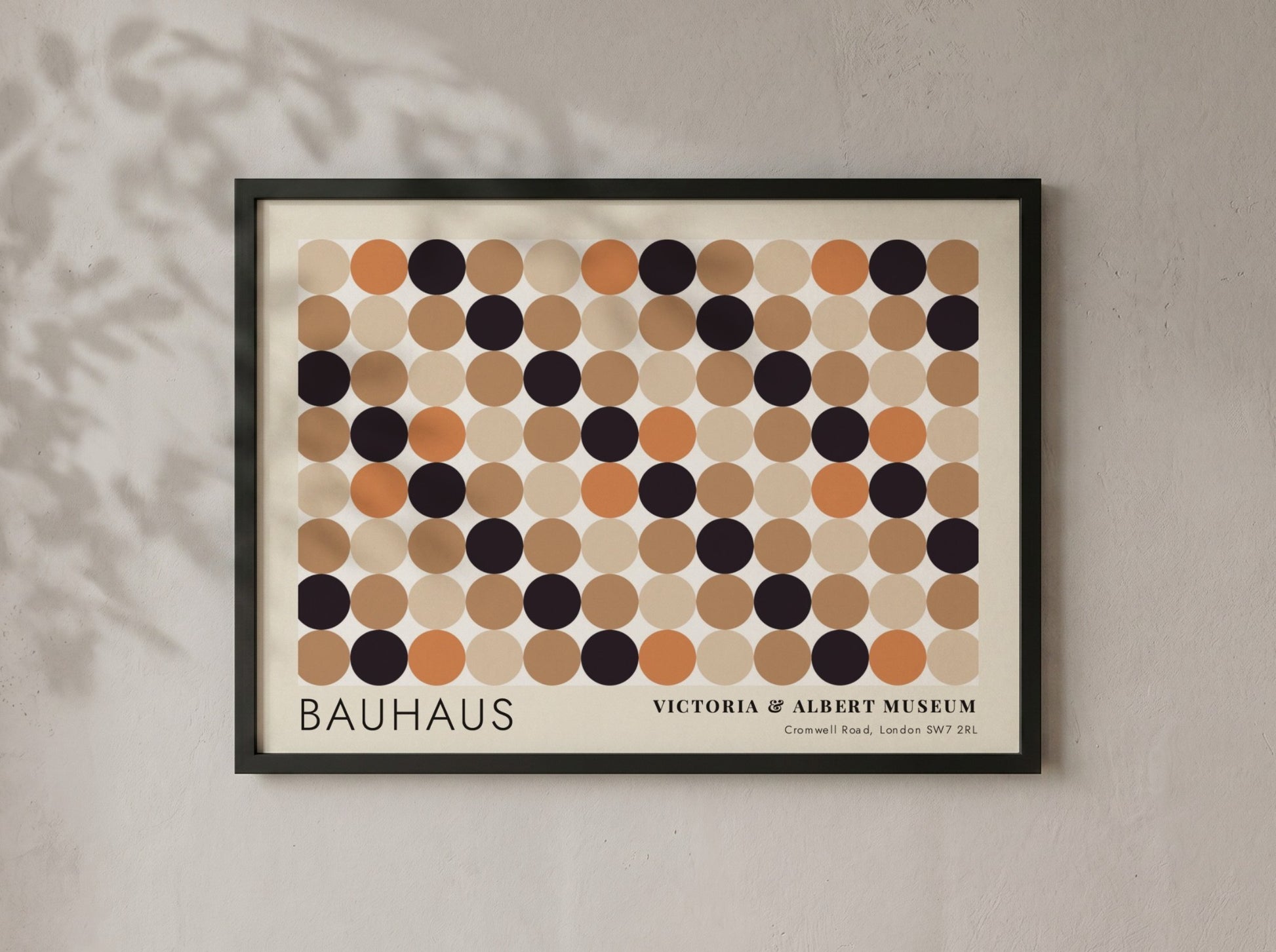 Wall art poster featuring a geometric Bauhaus grid of tan, orange, and black circles.