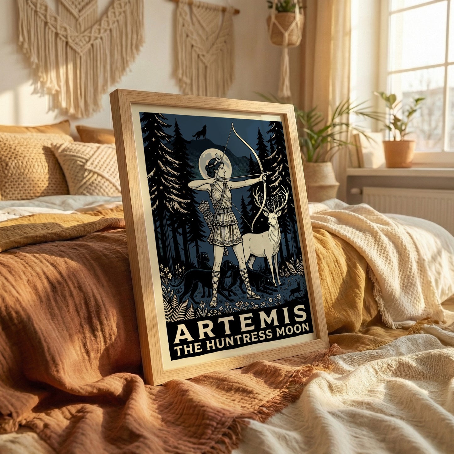 Artemis the Huntress Moon poster, Greek goddess with bow and arrow in a dark forest setting.