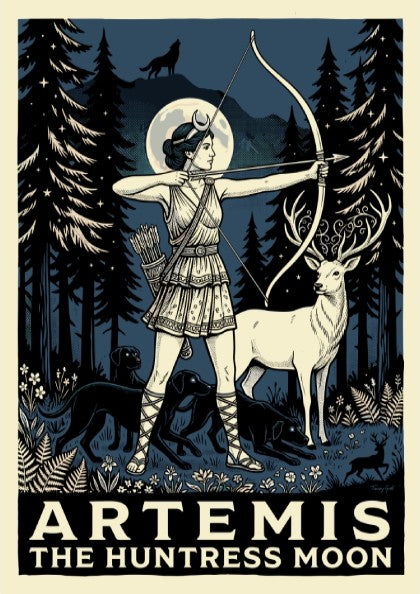 Artemis the Huntress Moon poster, Greek goddess with bow and arrow in a dark forest setting.