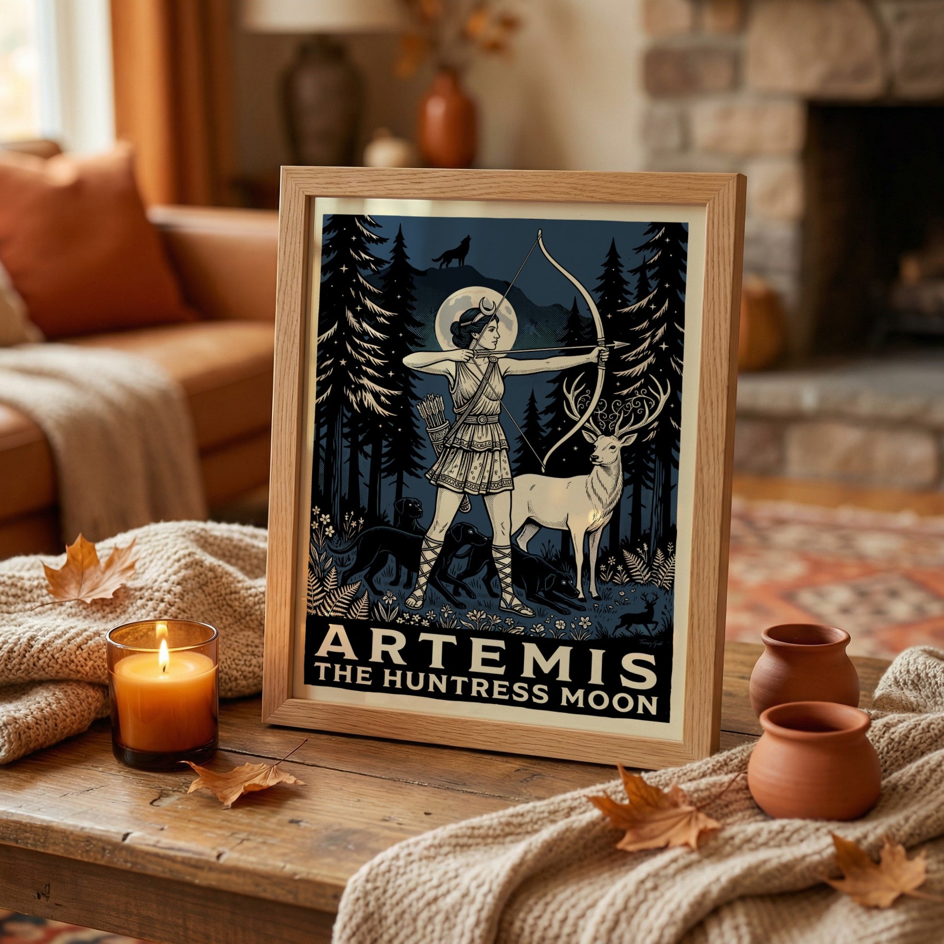 Artemis the Huntress Moon poster, Greek goddess with bow and arrow in a dark forest setting.