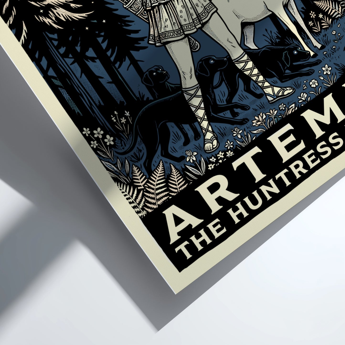 Artemis the Huntress Moon poster, Greek goddess with bow and arrow in a dark forest setting.