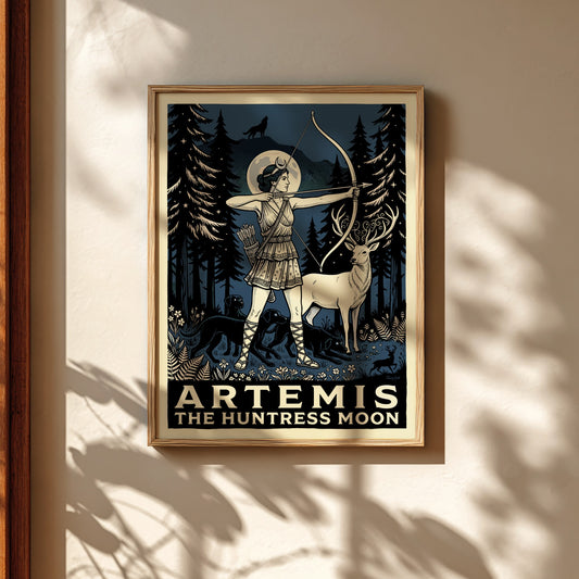Artemis the Huntress Moon poster, Greek goddess with bow and arrow in a dark forest setting.