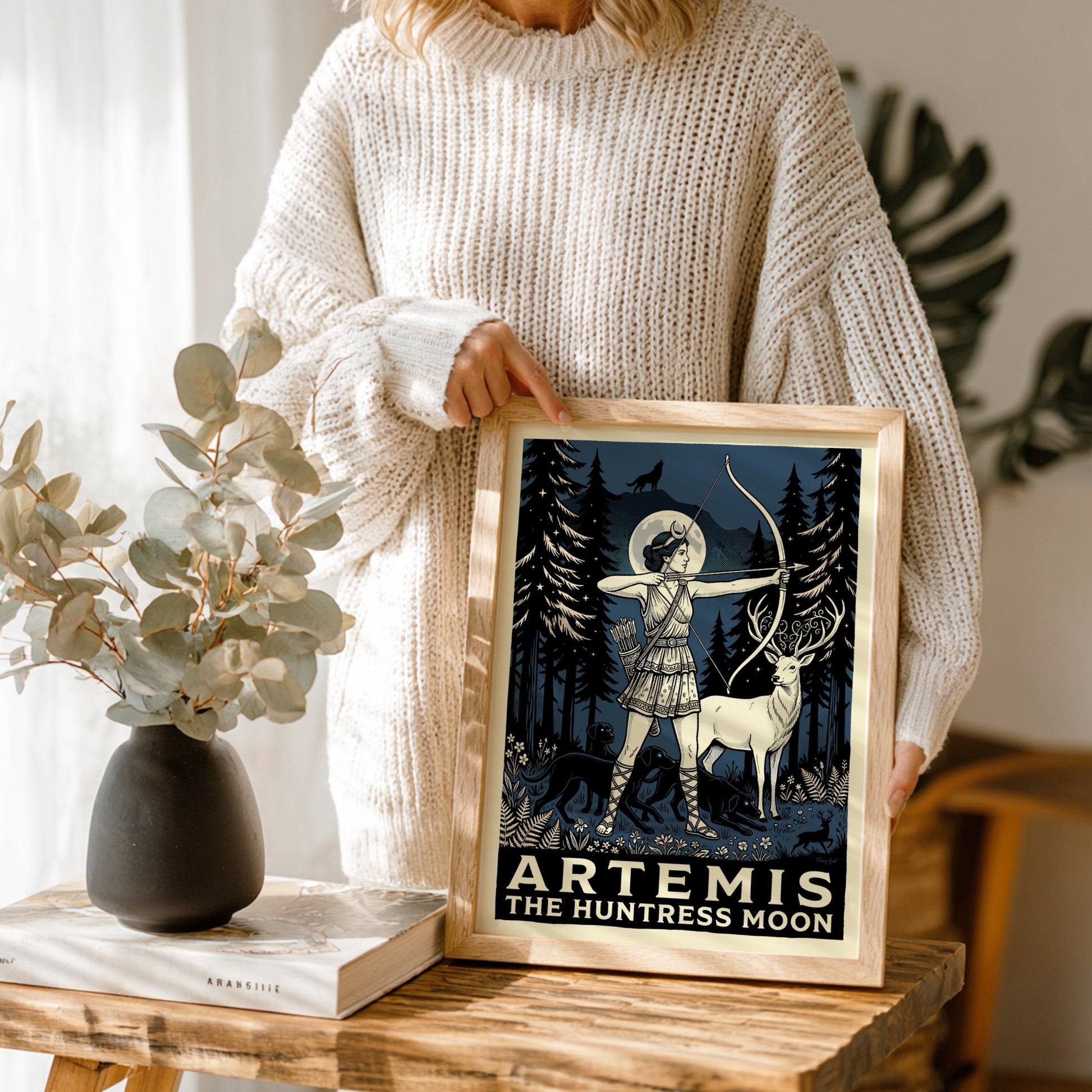 Artemis the Huntress Moon poster, Greek goddess with bow and arrow in a dark forest setting.