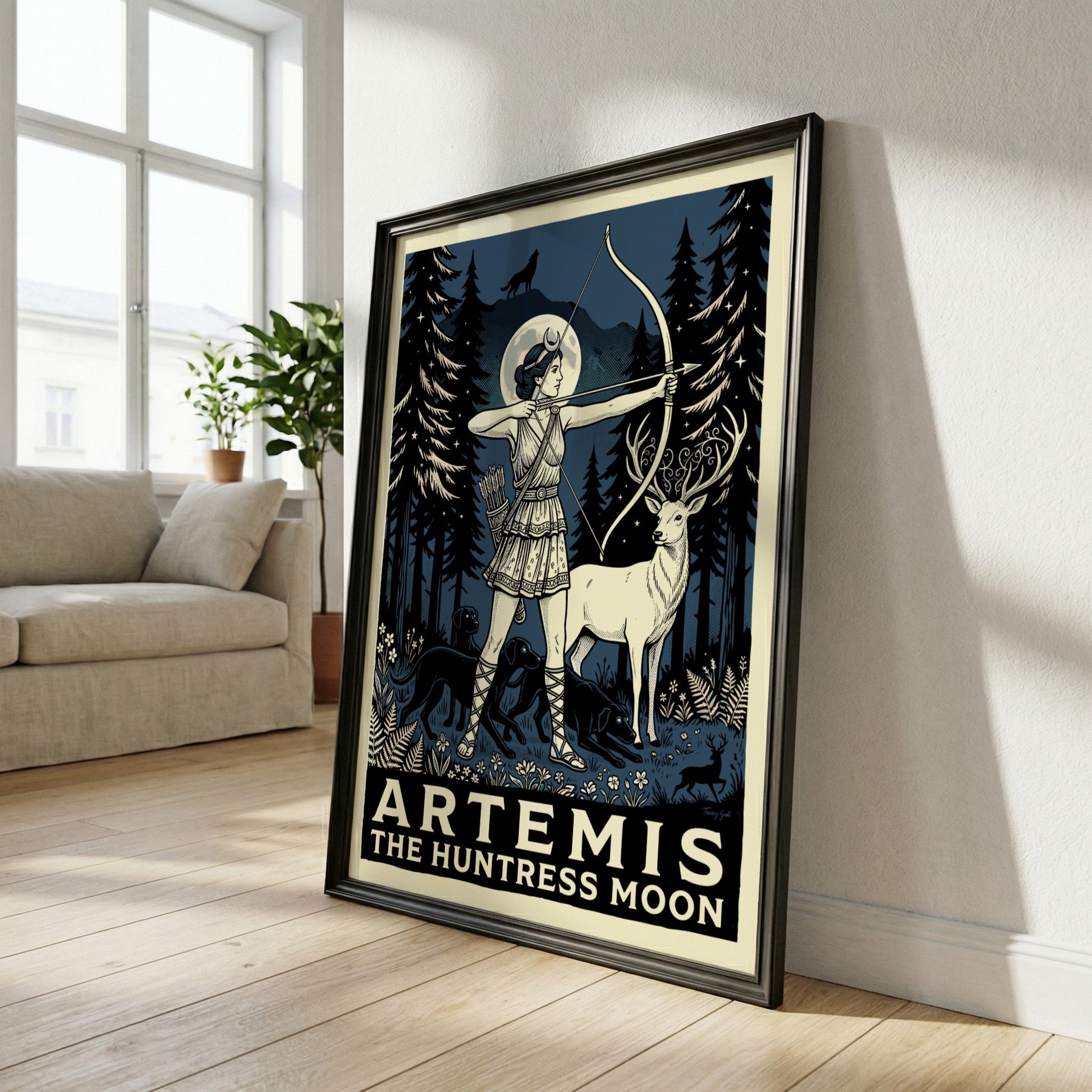 Artemis the Huntress Moon poster, Greek goddess with bow and arrow in a dark forest setting.