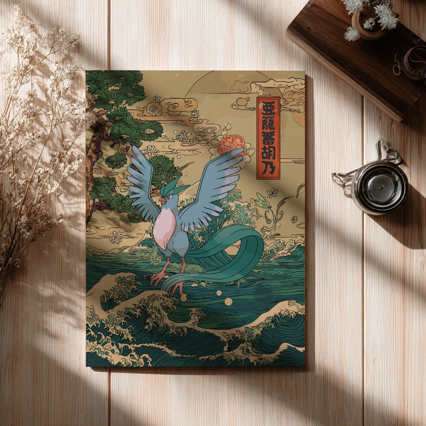 Decorative poster with a Articuno Pokemon design on a wooden surface