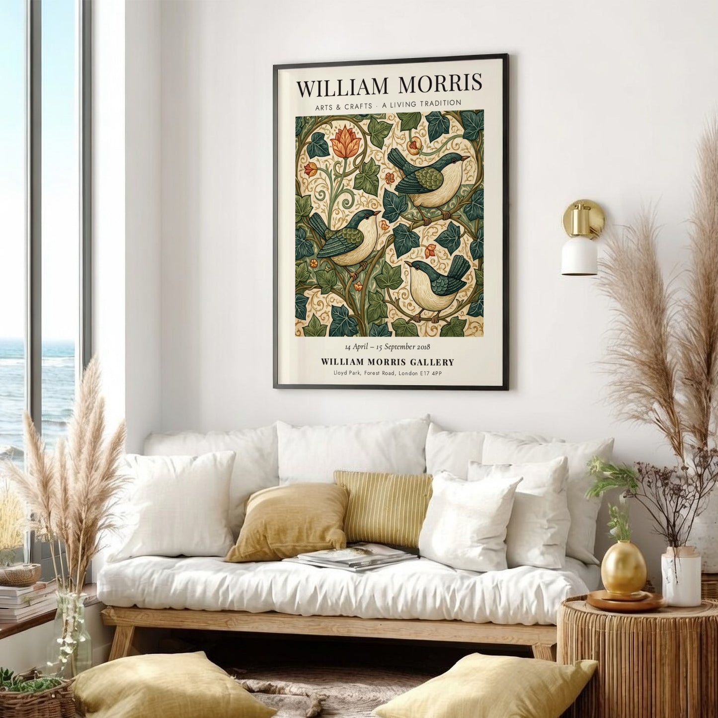 William Morris poster featuring birds and foliage in rich colors, showcasing Arts & Crafts style