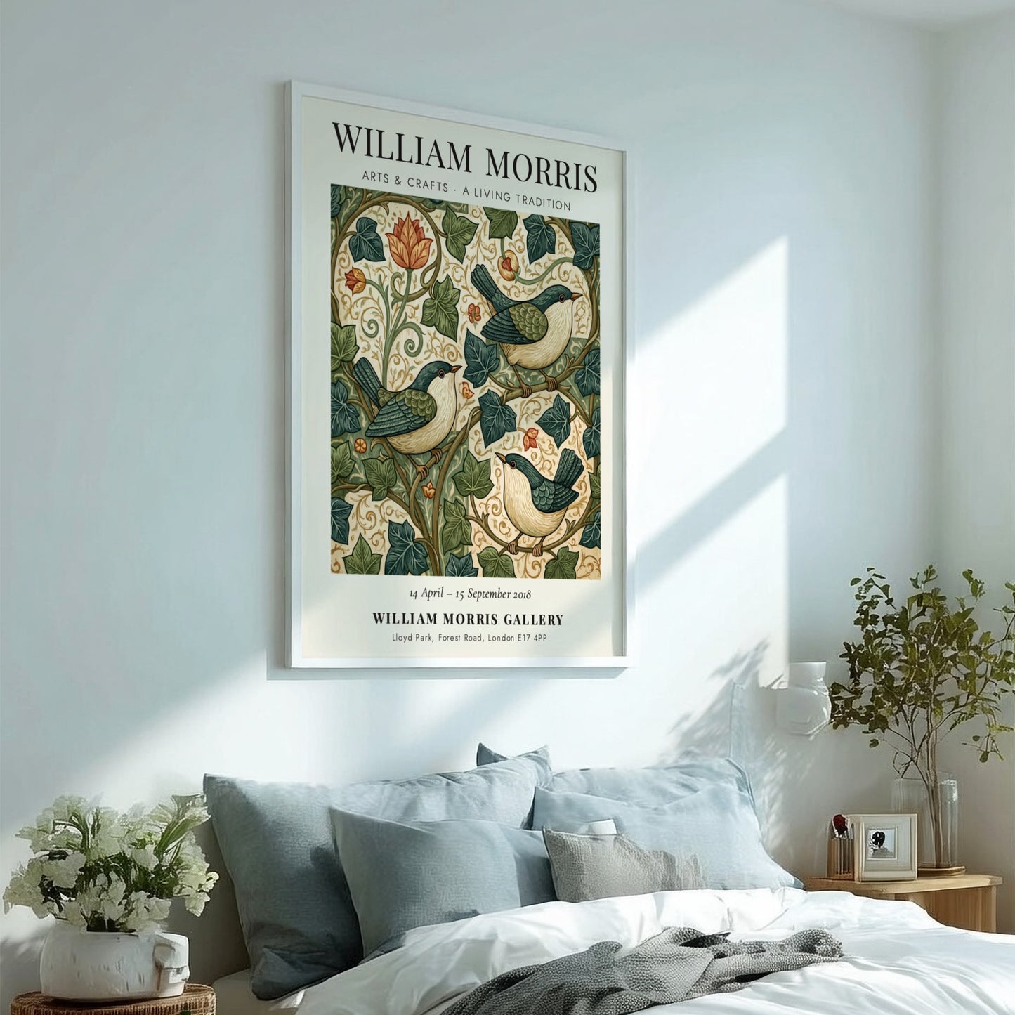 William Morris poster featuring birds and foliage in rich colors, showcasing Arts & Crafts style