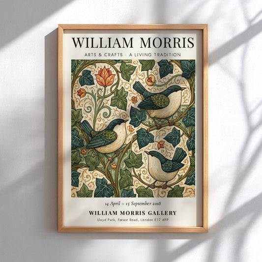 William Morris poster featuring birds and foliage in rich colors, showcasing Arts & Crafts style