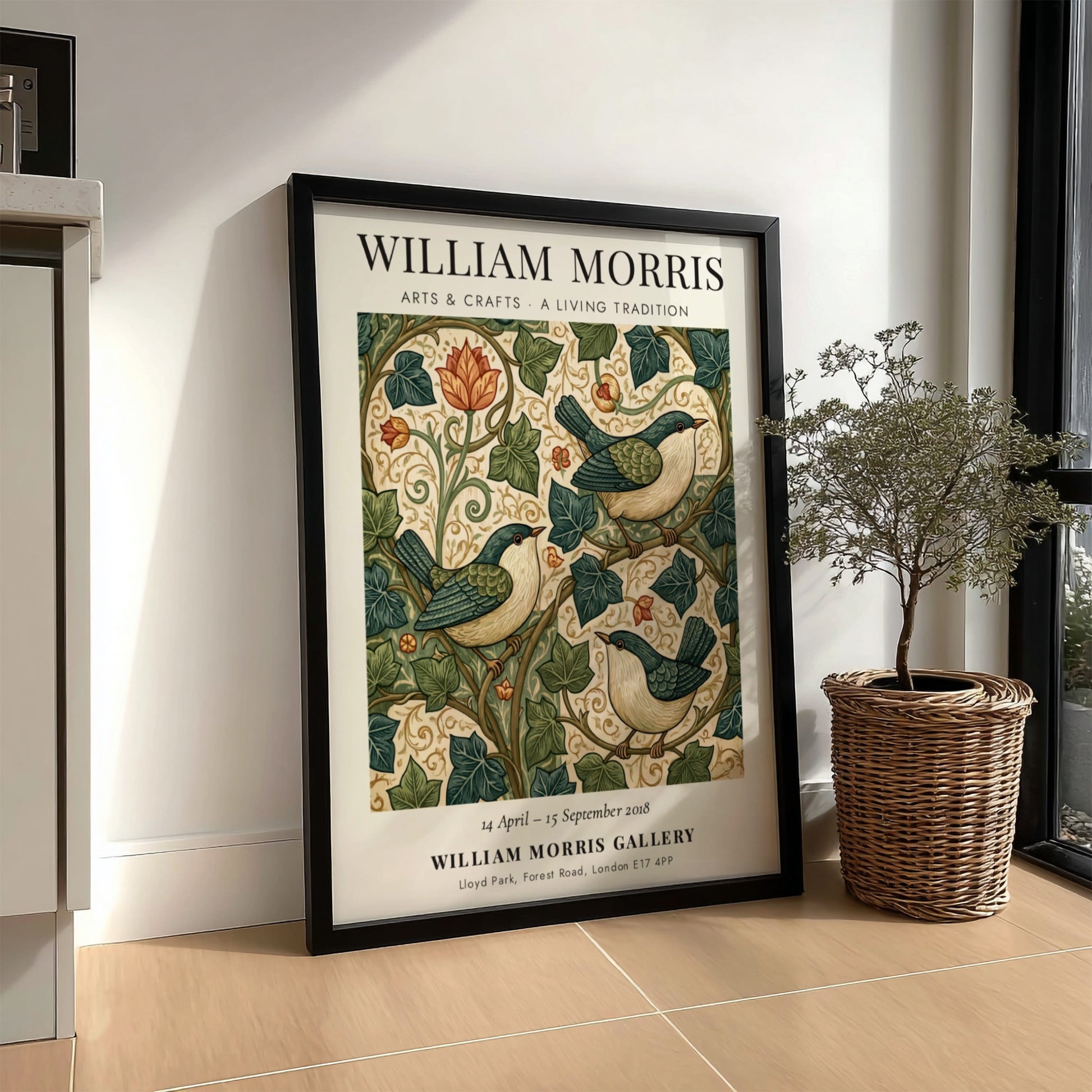 William Morris poster featuring birds and foliage in rich colors, showcasing Arts & Crafts style