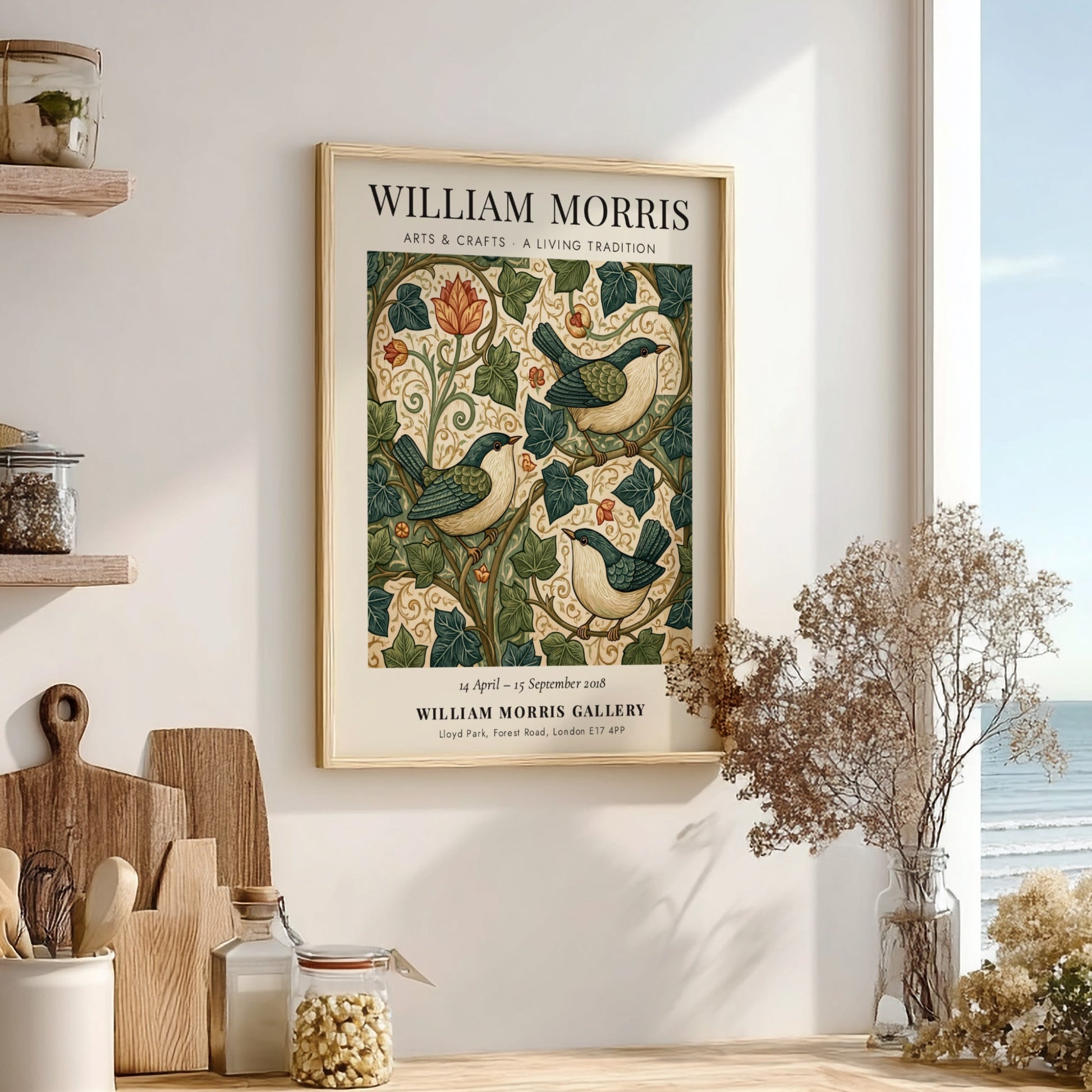 William Morris poster featuring birds and foliage in rich colors, showcasing Arts & Crafts style