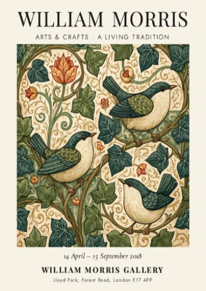 William Morris poster featuring birds and foliage in rich colors, showcasing Arts & Crafts style