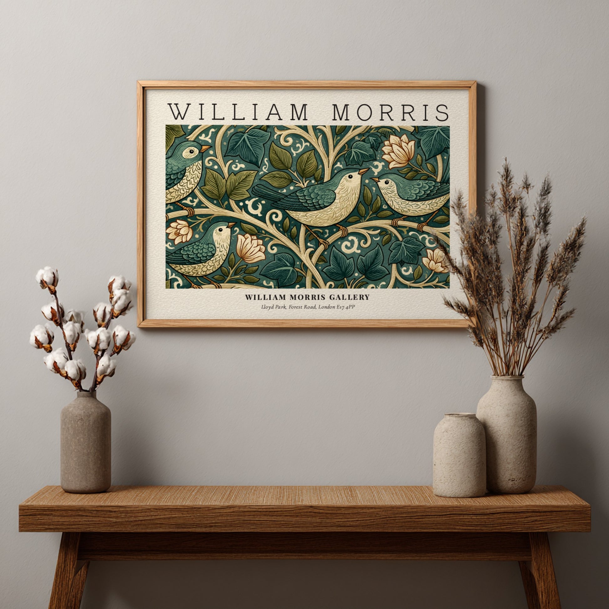 William Morris wall art print featuring birds and foliage in green tones