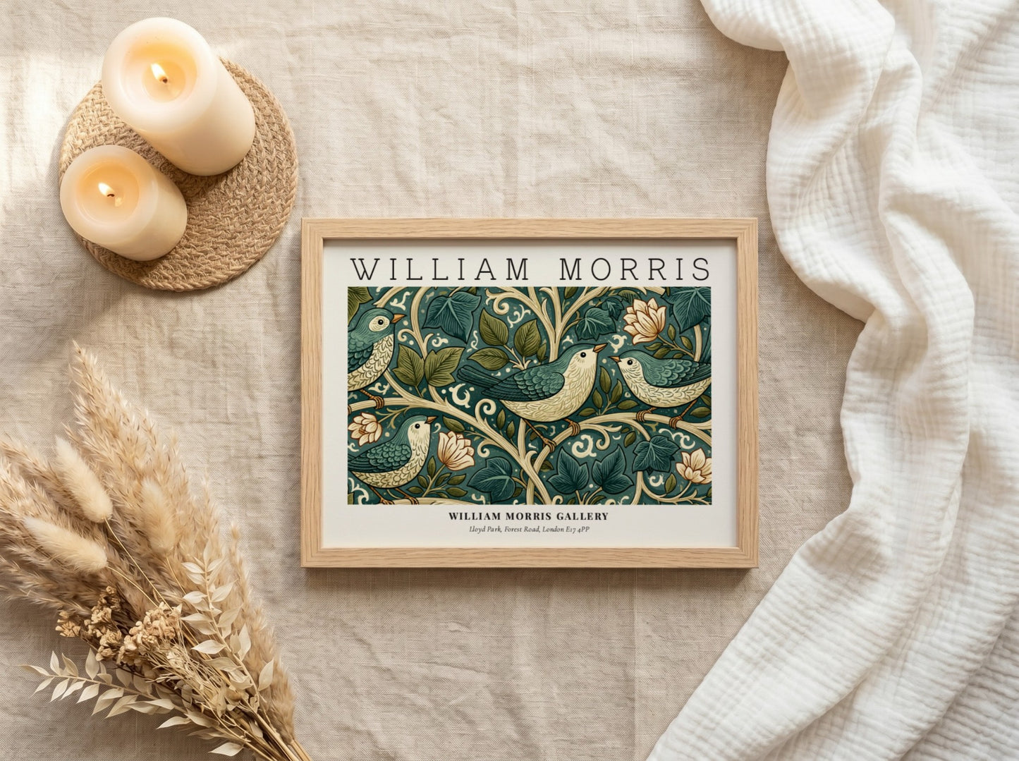 William Morris wall art print featuring birds and foliage in green tones