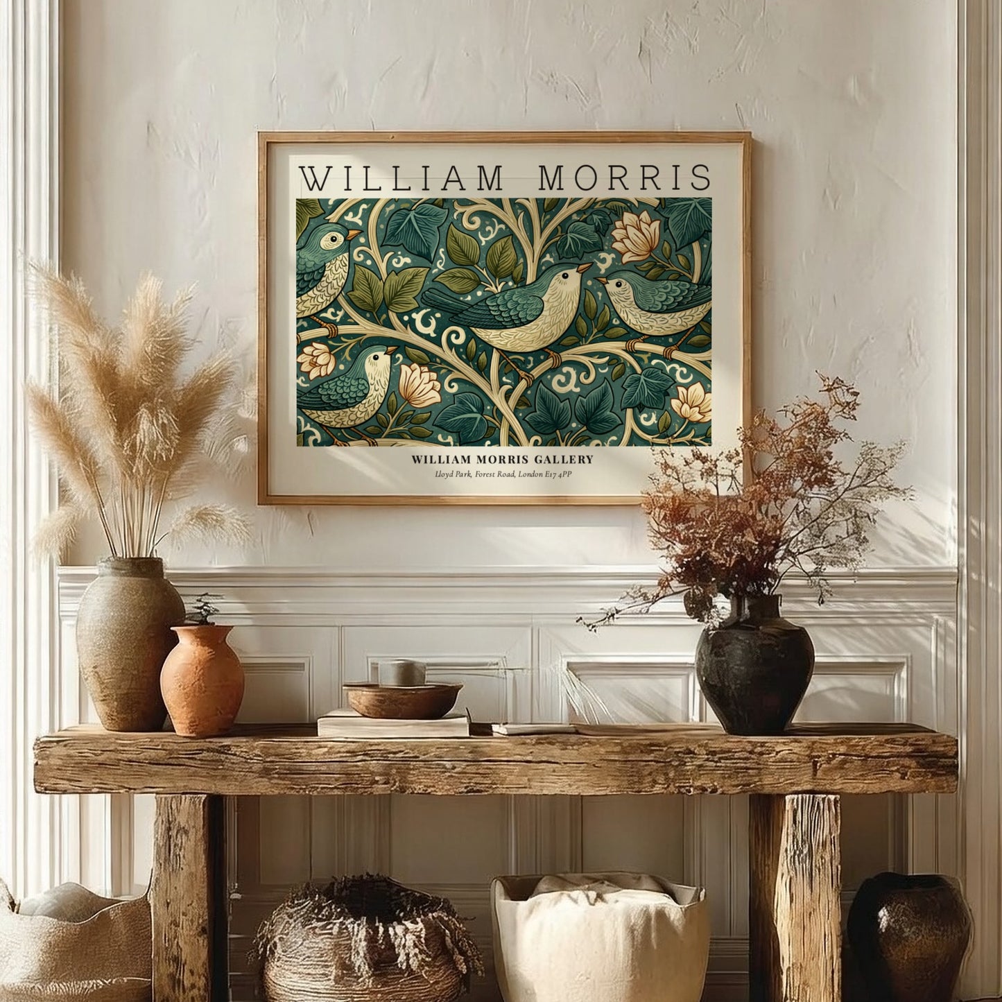William Morris wall art print featuring birds and foliage in green tones
