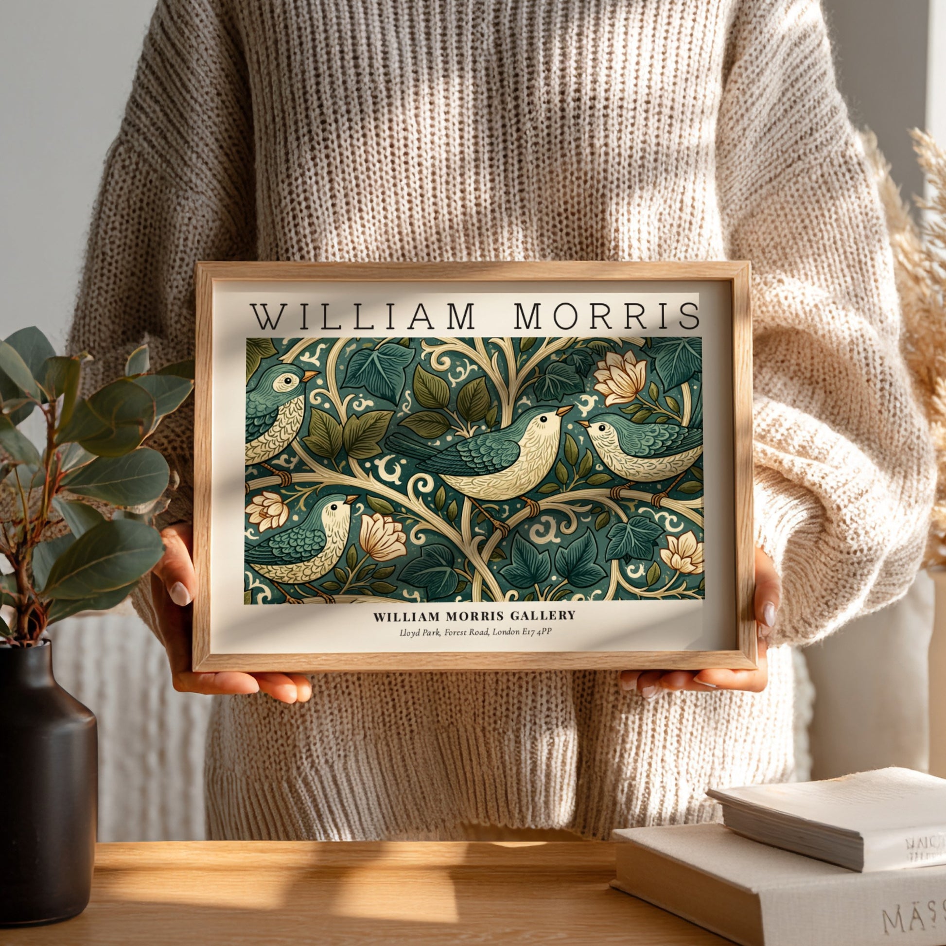 William Morris wall art print featuring birds and foliage in green tones