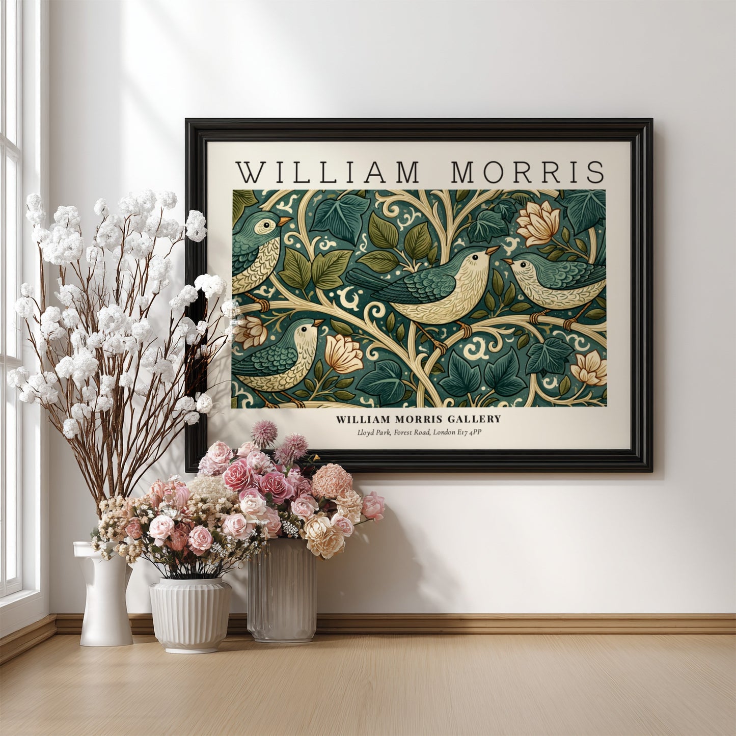 William Morris wall art print featuring birds and foliage in green tones