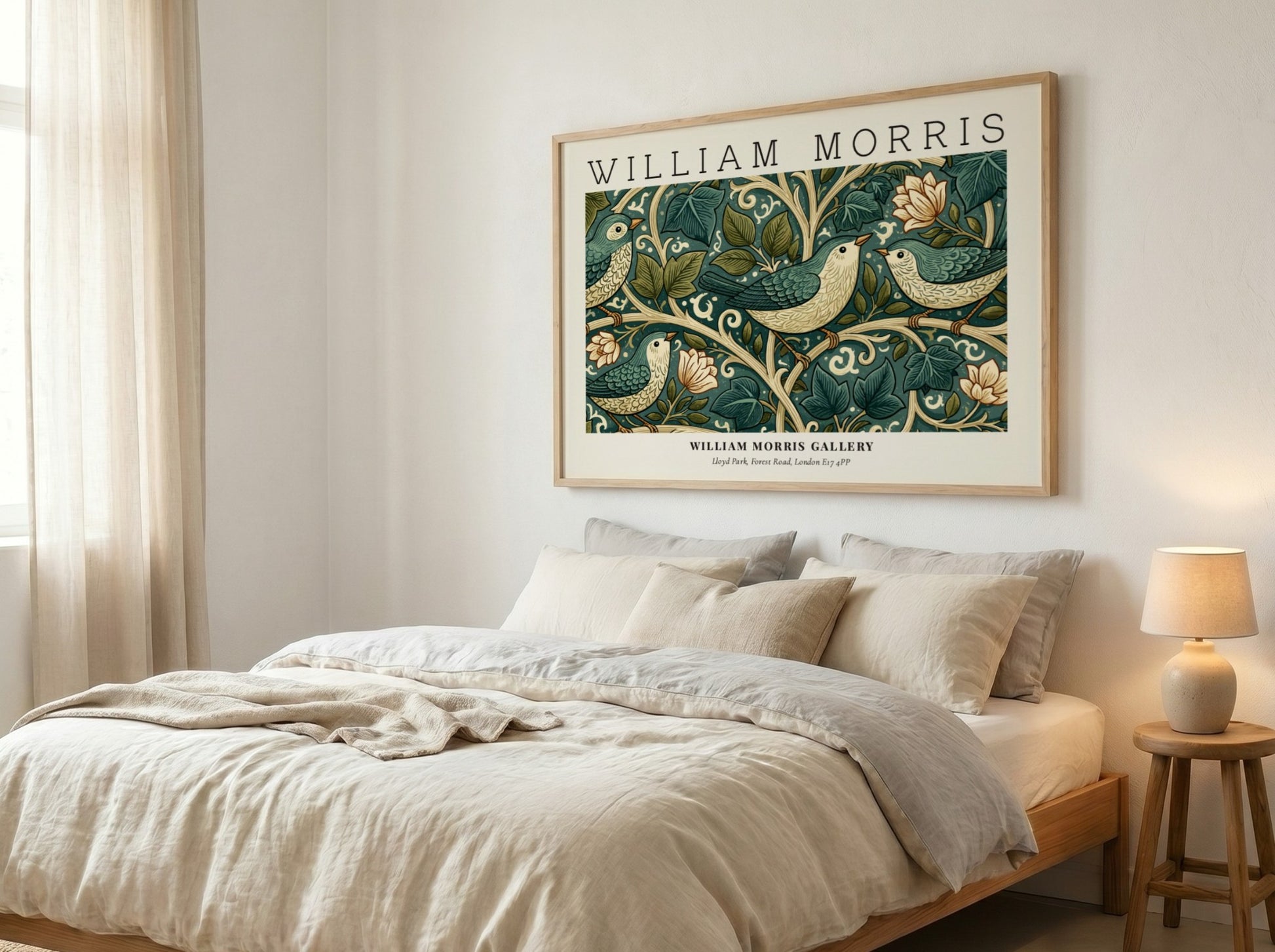William Morris wall art print featuring birds and foliage in green tones