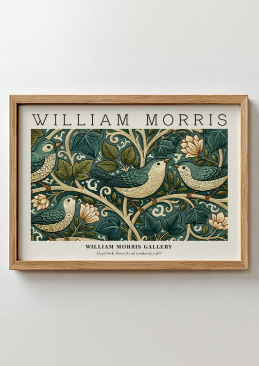 William Morris wall art print featuring birds and foliage in green tones