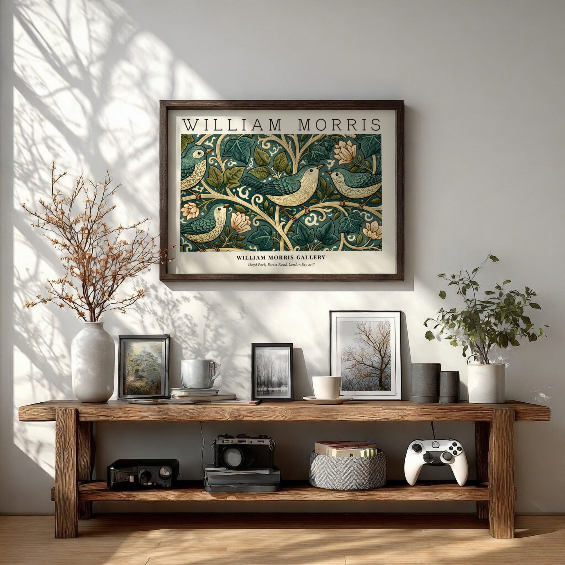 William Morris wall art print featuring birds and foliage in green tones