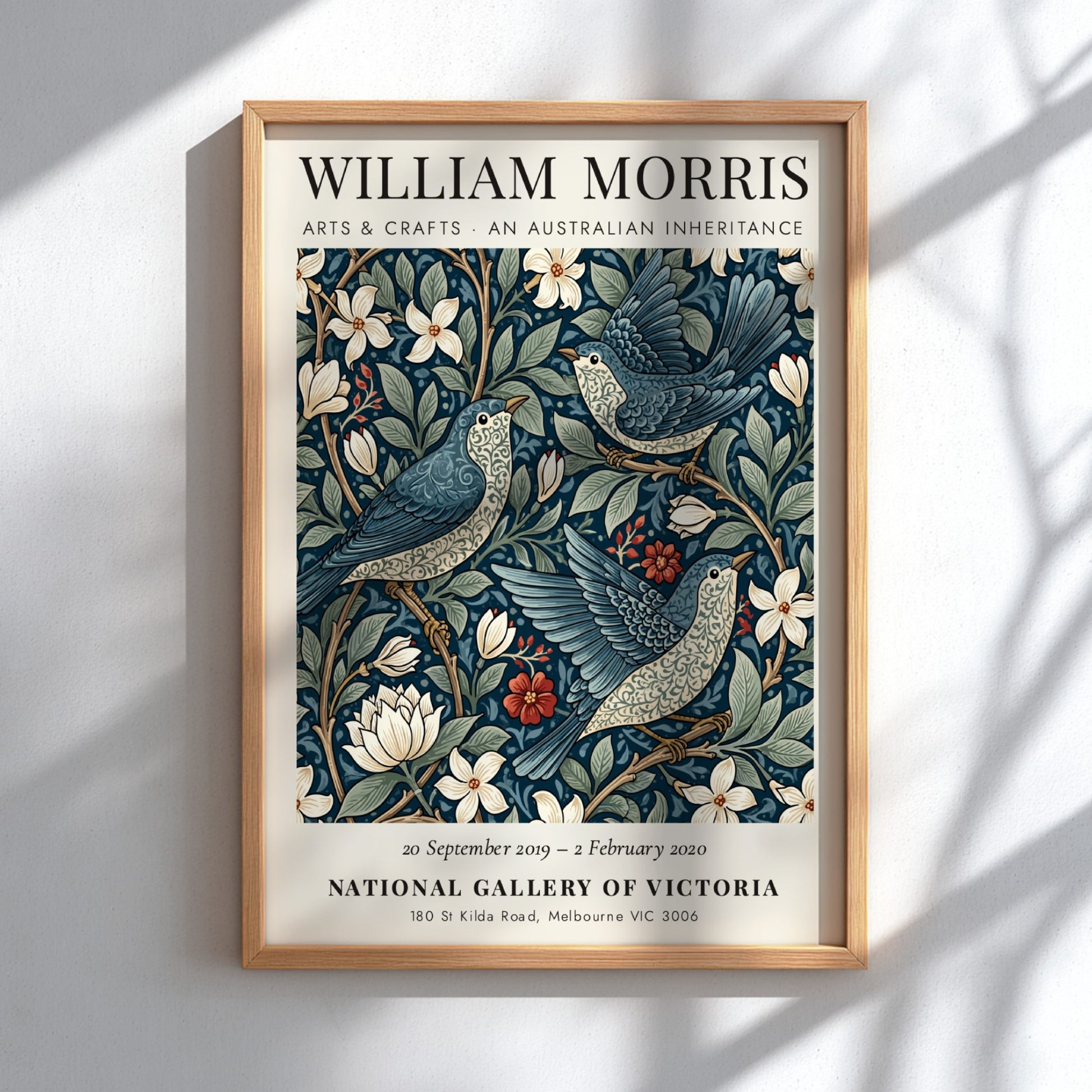 William Morris poster featuring floral patterns in blue tones, Arts & Crafts design