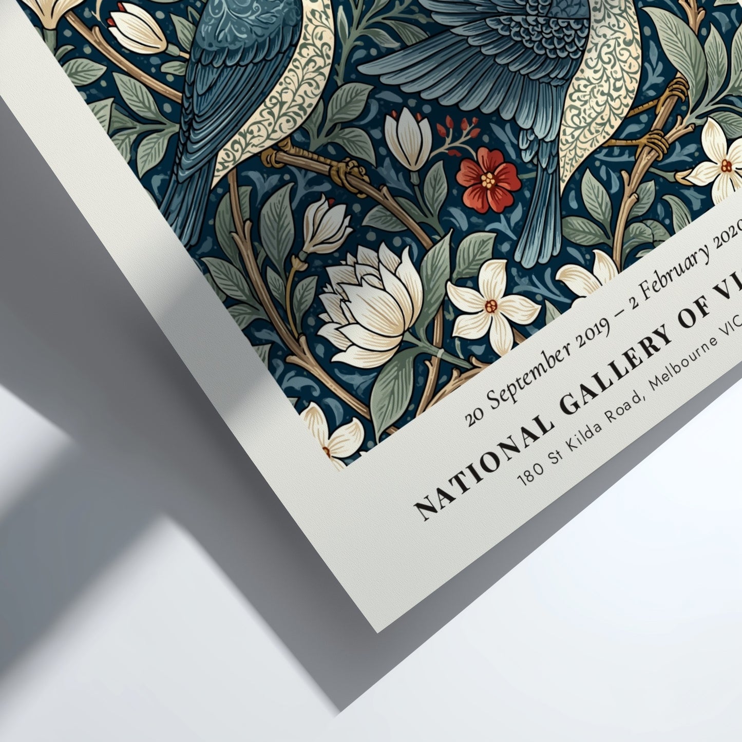 William Morris poster featuring floral patterns in blue tones, Arts & Crafts design