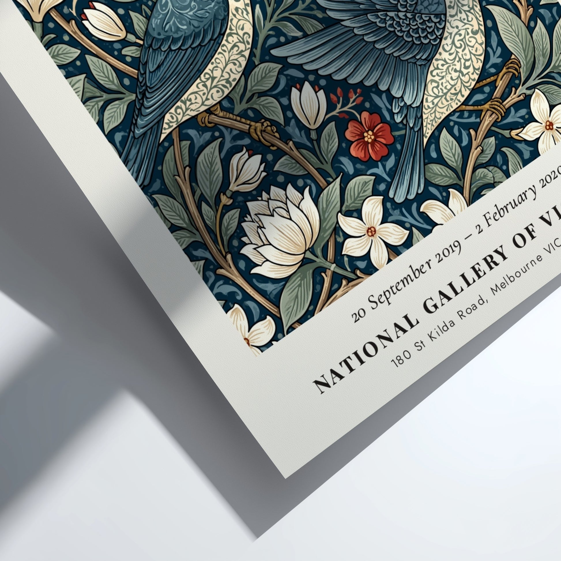 William Morris poster featuring floral patterns in blue tones, Arts & Crafts design