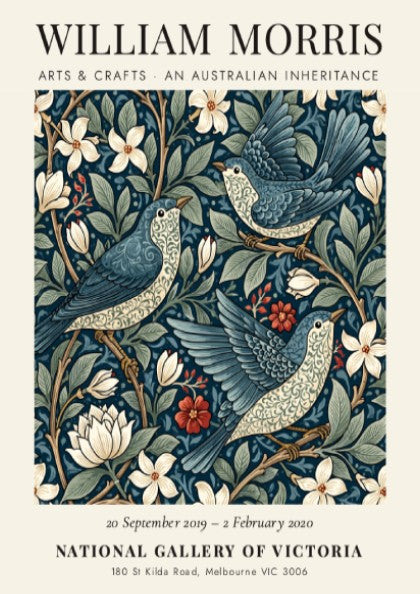 William Morris poster featuring floral patterns in blue tones, Arts & Crafts design