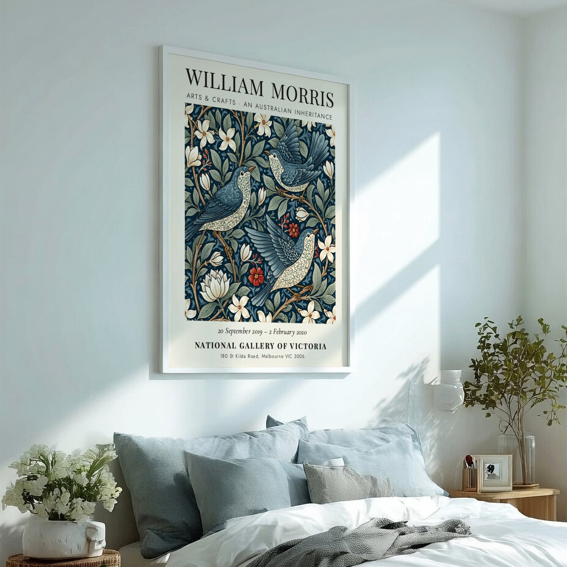 William Morris poster featuring floral patterns in blue tones, Arts & Crafts design