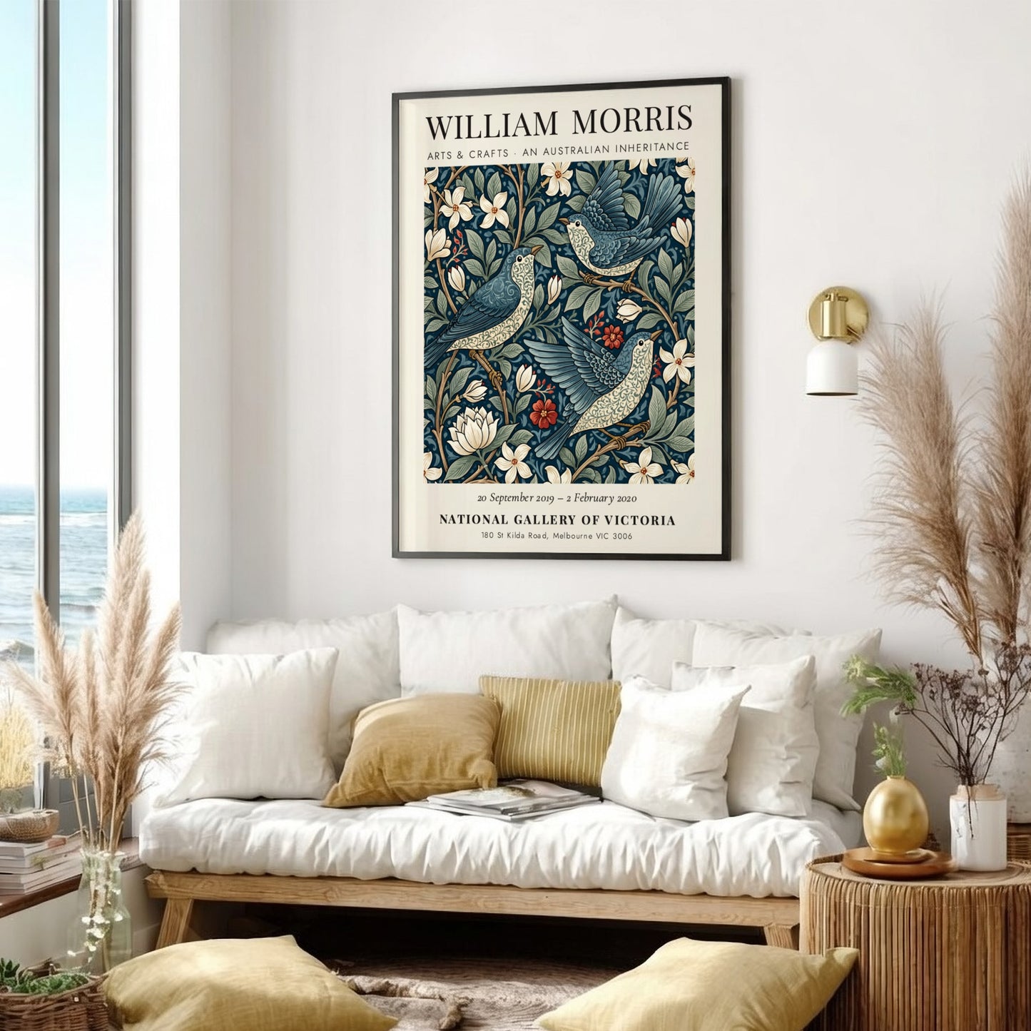 William Morris poster featuring floral patterns in blue tones, Arts & Crafts design