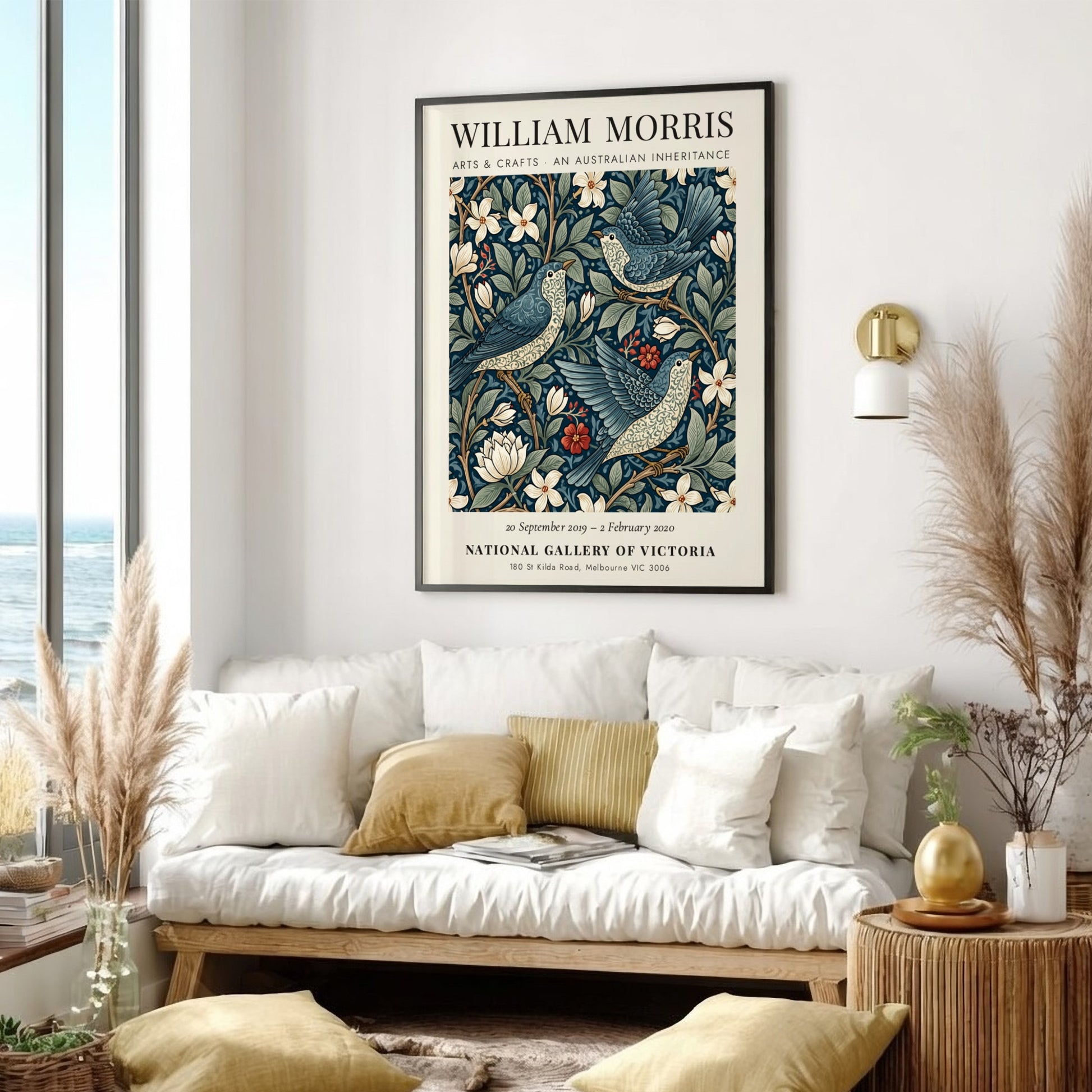 William Morris poster featuring floral patterns in blue tones, Arts & Crafts design