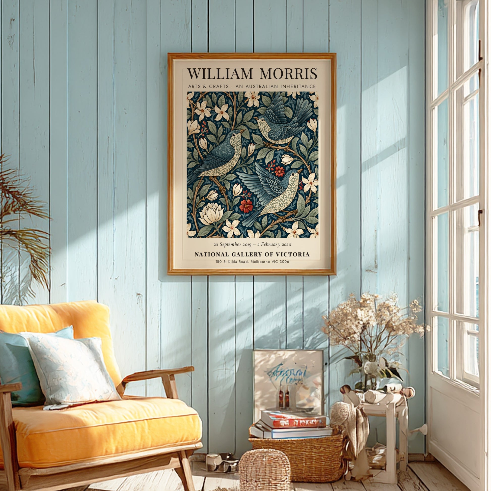 William Morris poster featuring floral patterns in blue tones, Arts & Crafts design