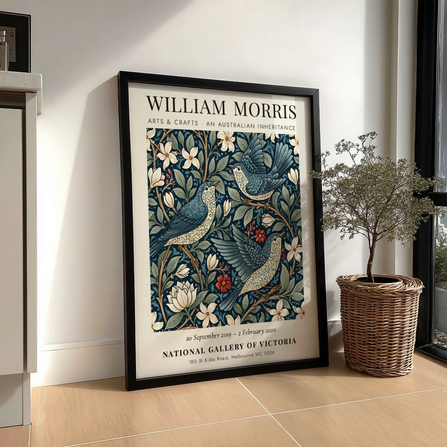 William Morris poster featuring floral patterns in blue tones, Arts & Crafts design