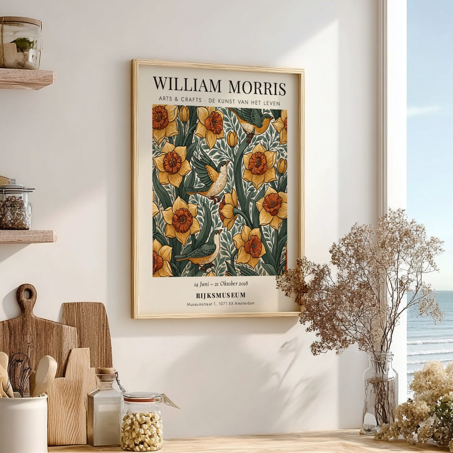 William Morris poster featuring daffodils and birds in vibrant colors