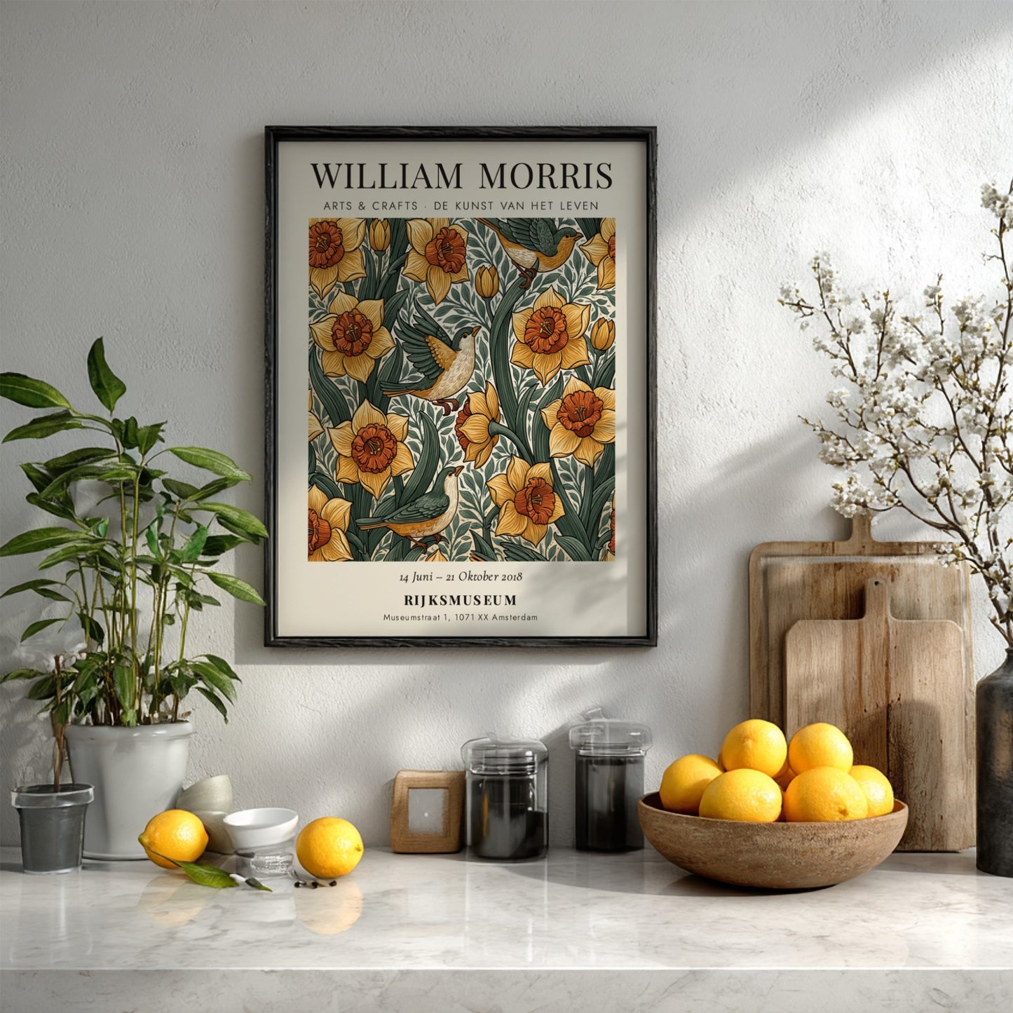 William Morris poster featuring daffodils and birds in vibrant colors