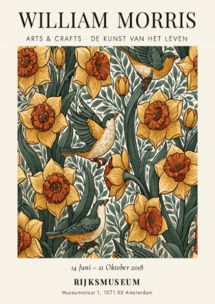 William Morris poster featuring daffodils and birds in vibrant colors