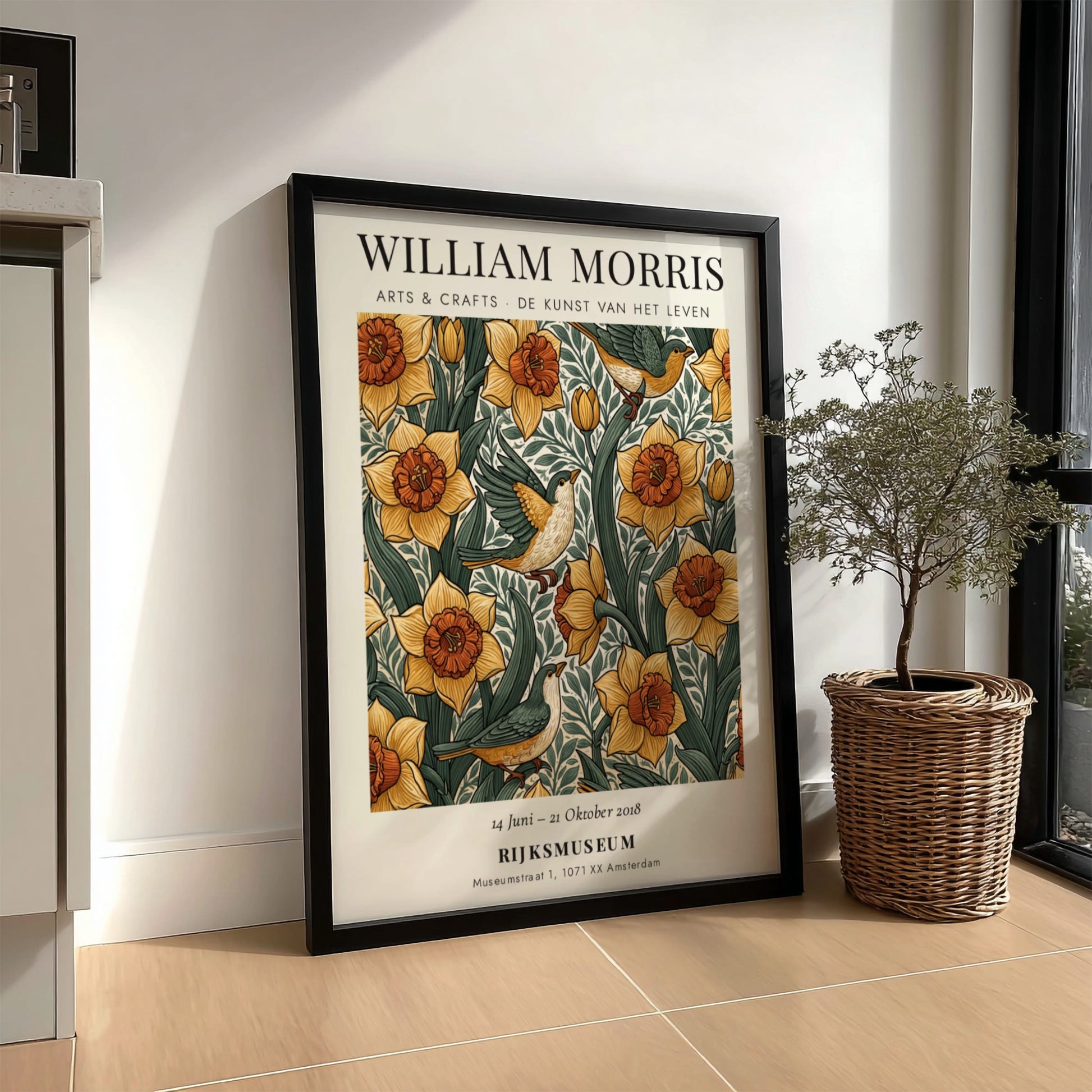 William Morris poster featuring daffodils and birds in vibrant colors