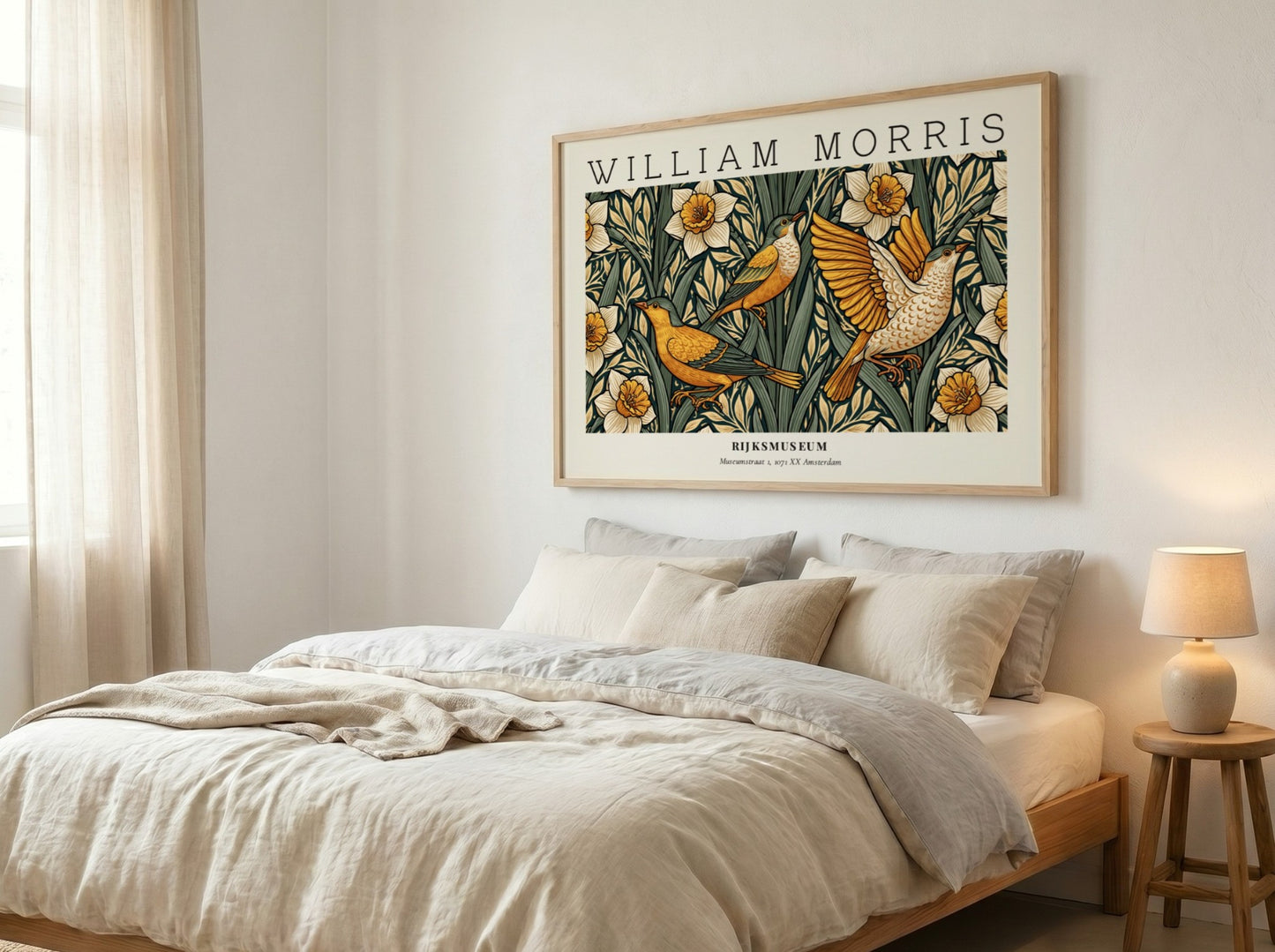 William Morris nature wall art print featuring birds and daffodils in vibrant colors